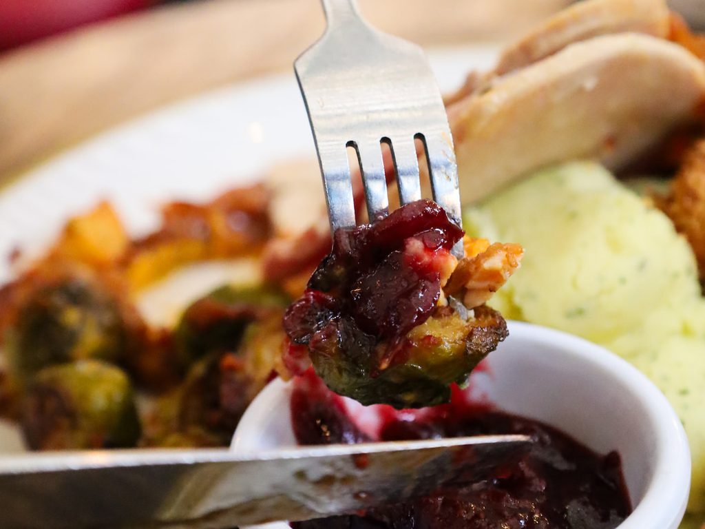 Traditional roast turkey and ham Christmas dinner served at The Brazen Head in Dublin.
